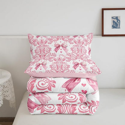 Feelyou Girls Pink Bowknot Comforter Set Full Size Goth Damask Comforter Victorian-Themed Bedding Set Baroque Duvet Set Vintage Floral Quilt Set 3Pcs