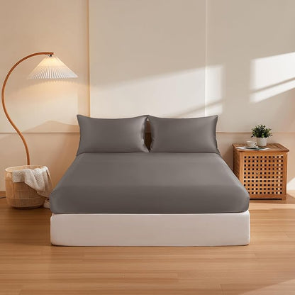 THXSILK 6A+ Top Grade 100% Pure Mulberry Silk Cal. King Fitted Sheet 3Pcs Set Bed Sheets Luxury Bedding for Hair and Skin Cooling Soft Durable, 1 Fitted Sheet with 2 Pillowcases, Charcoal