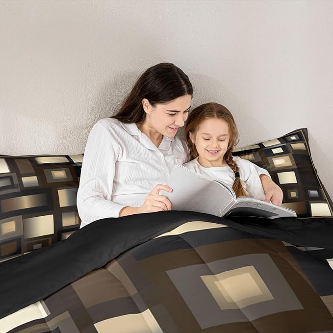 Grid Square King Size Comforter Set,Kids Brown White and Khaki Decor All Season Bedding Set,Teens Abstract Geometric Comforter,Girls Modern Simple Decor Quilt Set Bedroom Collection 3Pcs
