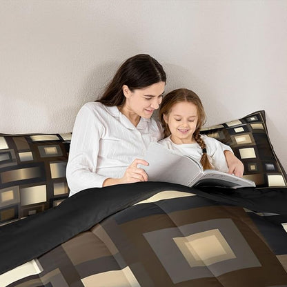 Castle Fairy Geometric Grid Full Size Comforter Set,Brown White and Khaki Bedding Set for Adults Teens,Children Modern Abstract Comforter Luxury Geometric Square Splicing Quilt Set Room Decor 3Pcs