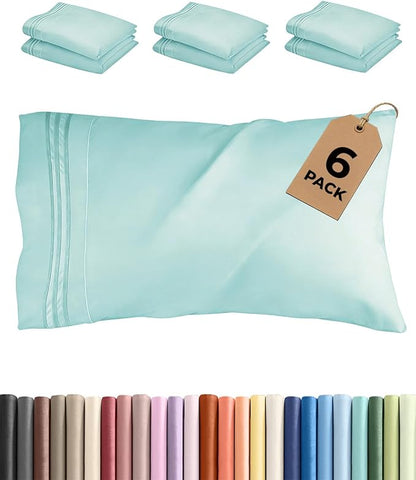 Queen Pillow Cases Set of 6 - Ultra Soft Hotel Quality Pillowcase Covers - Comfy, Cozy & Wrinkle Free - Shrink, Stain and Fade Resistant - Machine Washable Pillow Protectors - 6 Piece Set - Spa Blue