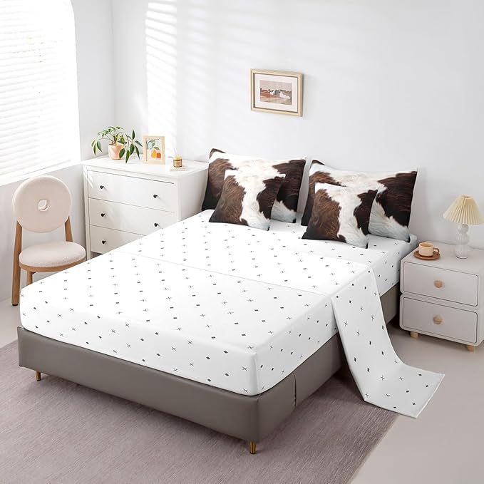 Erosebridal Brown and White Twin Comforter Set 7pcs Cowhide Cow Print Bedding Comforter Sets, Milk Cow Fur Bed in a Bag Wildlife Hair Bedding Set, Animal Skin Pattern Bed Sheets Set