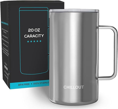 CHILLOUT LIFE Stainless Steel 20 oz Vacuum Insulated Coffee Mug with Handle and Lid, Large Thermal Camping Coffee Mug Cup with Durable Sliding Lid for Men & Women, Keeps your Beverages Hot/Cold