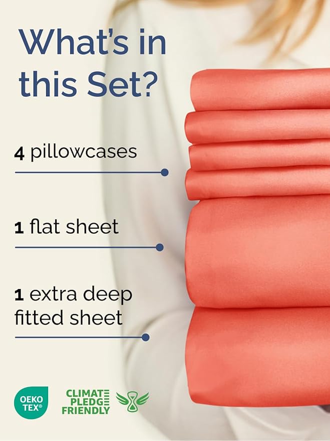Extra Deep Cal King Sheet Set - 6 Piece Breathable and Cooling Sheets - Hotel Luxury Bedding for Women, Men, Kids & Teens - Easy Secure Fit - Soft, Wrinkle Free and Comfy - Extra Deep Pockets - Coral