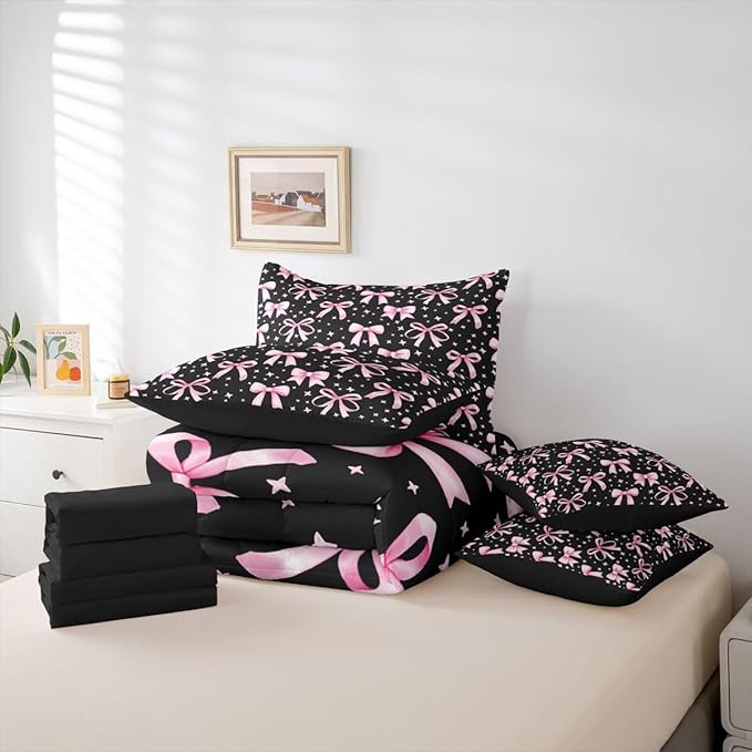 Erosebridal Bowknot Girls Pink Black Kawaii Y2K King 7-Piece Comforter Set | Princess Sheets and Pillowcases Princess Bed in A Bag Cute Bow Bed Sets