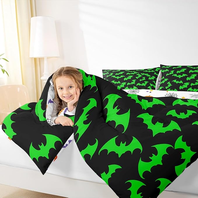 Erosebridal Green Bat Bedding Set Full Size Halloween Bat Comforter Set Spooky Goth Gothic Animal Bed Sets Horror Halloween Duvet Quilt Sets for Kids Teens Adults