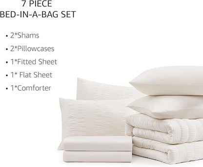CASAAGUSTO Full Size Comforter Set, 7 Pieces Snow White Seersucker Bed in a Bag Full Size Soft All Seasons, Bedding Sets Full with Comforter, Flat Sheet, Fitted Sheet, 2 Pillow Shams, 2 Pillowcases