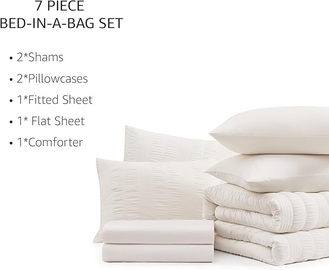 CASAAGUSTO Queen Comforter Set, 7 Pieces Snow White Seersucker Bed in a Bag Queen Size Soft All Seasons, Bedding Sets with Comforter, Flat Sheet, Fitted Sheet, 2 Pillow Shams, 2 Pillowcases