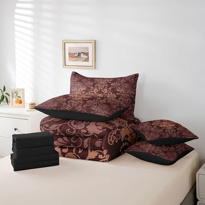 Erosebridal Gothic Damask Comforter Set 7 Piece Bed in a Bag Twin,Exotic Moth Bedding Sets Brown Victorian Floral Goth Sheet Set with Comforter