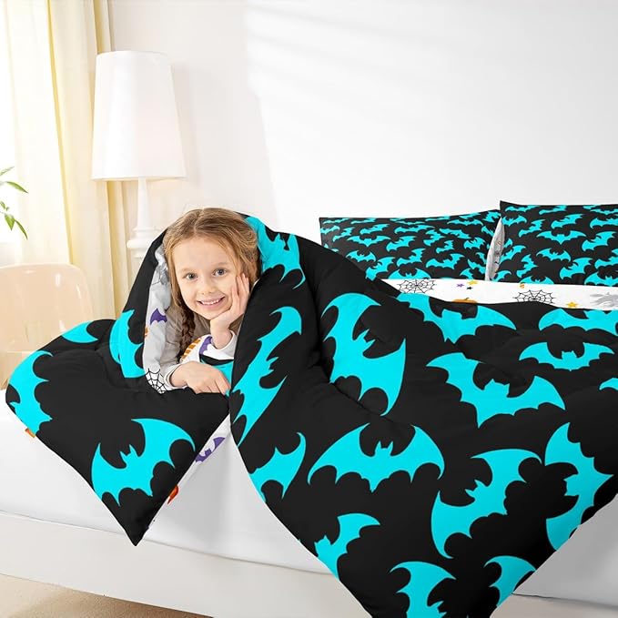 Erosebridal Cyan-Blue Bat King Bedding Set Halloween Bat Comforter Set Spooky Goth Gothic Animal Bed Collections Horror Halloween Duvet Quilt Sets for Kids Teens Adults