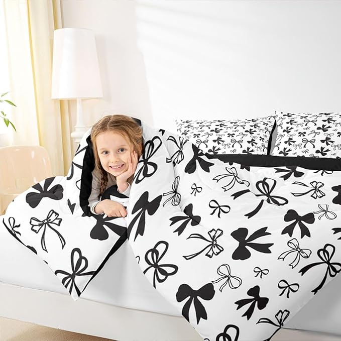 Erosebridal Black Bow Bedding Set Cute Coquette Bowknot Comforter Set Twin Size for Kids Girls Teen,Black Watercolor Bow Bedding Comforter Sets Modern Simple Fashion Aesthetic Bed Set
