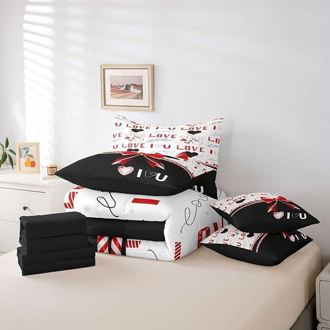 Feelyou Twin Size Valentine's Day Comforter Set with Sheets Boys Girls Red Bowknot 7 Piece Bedding Set for Adult Women Men Love Theme Bed in a Bag Black White Bed Set