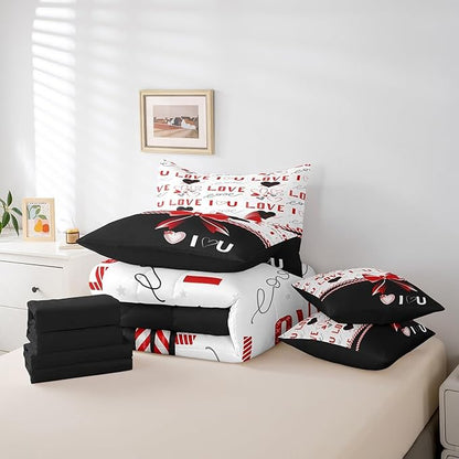 Feelyou Twin Size Valentine's Day Comforter Set with Sheets Boys Girls Red Bowknot 7 Piece Bedding Set for Adult Women Men Love Theme Bed in a Bag Black White Bed Set
