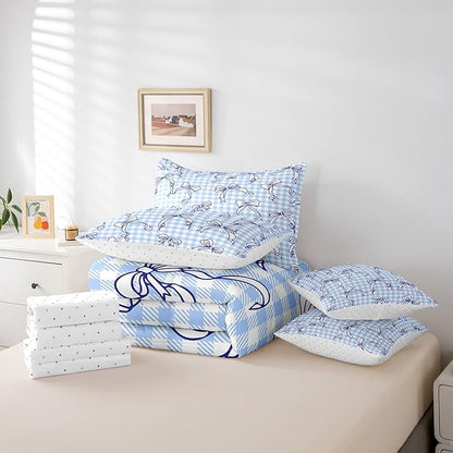 Feelyou Kawaii Bow Bedding Set for All Season Plaid Girls Bow 7 Pieces Comforter Sets Queen Size Teens Room Decor Cute Bowknot Bed in a Bag with Comforter, Sheets, Pillowcases & Cushion Cover