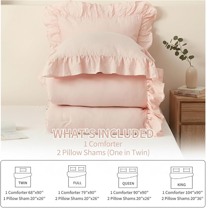 CAROMIO Pink Ruffled Fulll Size Comforter Set, 3PCS Soft Washed Microfiber Lightweight & Fluffy All-Season Bedding Comforter with Vintage French Country Style, Pink, 79x90 in