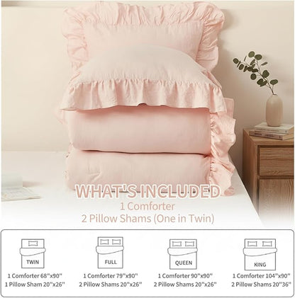 CAROMIO Pink Ruffled Twin Comforter Set, 2PCS Soft Washed Microfiber Lightweight & Fluffy All-Season Bedding Comforter with Vintage French Country Style, Pink, 68x90 in