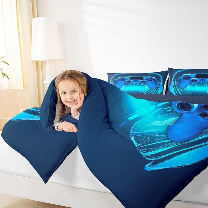 Gamer Comforter Set King Size,Blue Headphones Musical Design Games Gamepad Bedding Set for Kids Boys Video Game Room Decor Retro Playing Gamer Down Comforter Gaming Controller Quilted Duvet Set