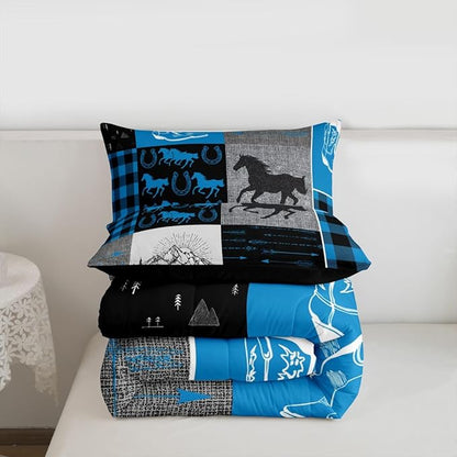 Erosebridal Horse Quilt for Teens, Western Cowboys Cowgirls Comforter Set Twin, Vintage Riding Boots Farm Animal Bedding Set Rustic Southwestern Horseshoe Duvet Sets Cabin Lodge Room Decor, Blue