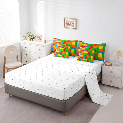 Building Block Kids Comforter Set 7 Pcs Queen Size, Brick Style Cartoon Gaming Bedding Quilt Set for Child Boys Room Decor Colorful Construction Fitted Flat Sheet 2 Throw Pillow Covers 2 Pillowcases