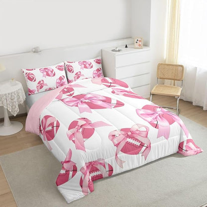 Bowknot Football Comforter Set King Size,Pink Bow Knot Print Bedding Sets 3Pcs for Kids Girls Women Room Decor,Ball Sport Games Theme Duvet Insert Cute Cartoon Girly Down Comforter,2 Pillowcases