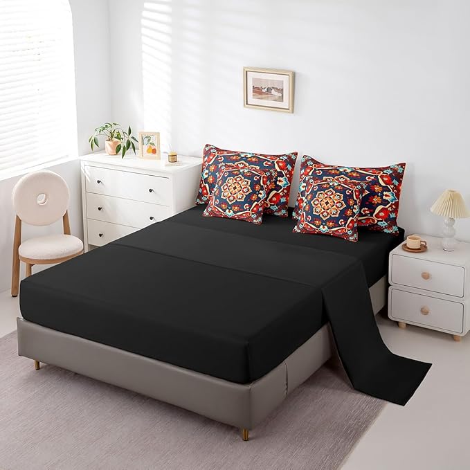 Oriental Bed in a Bag Vintage King Bedding Sets Art Deco Floral Comforter Set Boho Tribal Bedding Comforter Sets 7pcs Traditional Aesthetic Bedding Sets & Collections Hippie Paisley Mandala Decor Red