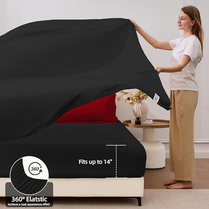 FUANNA 7 Pieces King Size Comforter Set, All Season Bed in a Bag King Size, Luxury Soft Bedding Sets with Comforter, Flat Sheet, Fitted Sheet, Pillowcases & Pillow Shams, Red & Black