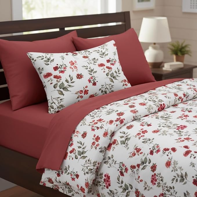 Nayoroom Vintage Floral Comforter Set Queen Size Watercolor Red Flower Botanical Leaf Pattern Spring Bedding Set 3 Pieces Soft Lightweight Aesthetic Garden Comforter for All Seasons