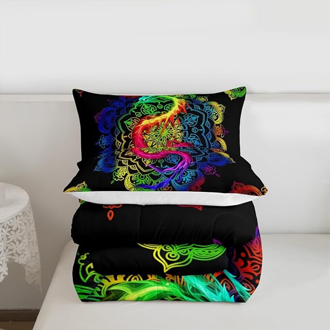 Watercolor Dragon Comforter Set Twin Size,Rainbow Mandala Print Duvet Quilted,Bohemian Exotic Style and Animal Theme Bedding Comforters 2Pcs for Kids Child Teens Woman Man Bedroom Decor,Black