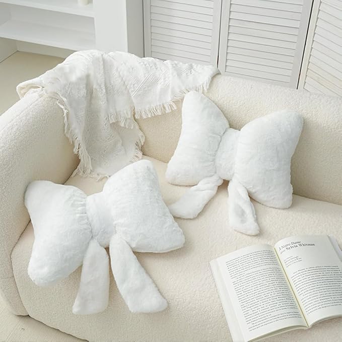 2Pack Soft Furry Bow Throw Pillows Cute Bowknot Plush Pillow Home Decor Stuffed Bow Lumbar Pillow for Bed Couch Living Room Decor (Pink&White)