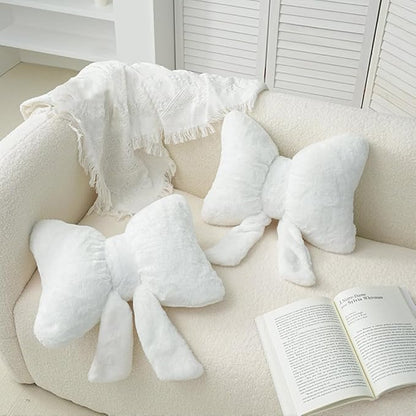 2Pack Soft Furry Bow Throw Pillows Cute Bowknot Plush Pillow Home Decor Stuffed Bow Lumbar Pillow for Bed Couch Living Room Decor (White)