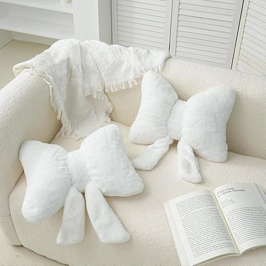 2Pack Soft Furry Bow Throw Pillows Cute Bowknot Plush Pillow Home Decor Stuffed Bow Lumbar Pillow for Bed Couch Living Room Decor (White)
