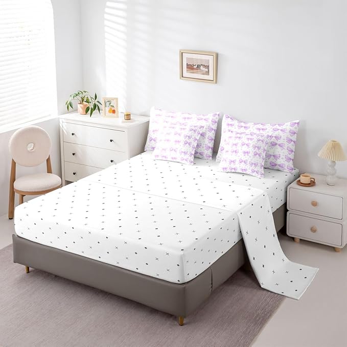 Erosebridal Kids Girls Purple Bowknot Bow Comforter Set Queen Size 7 Pieces | Starry Bed in A Bag Princess Dreamy Bed Set Kawaii Cute Bedding