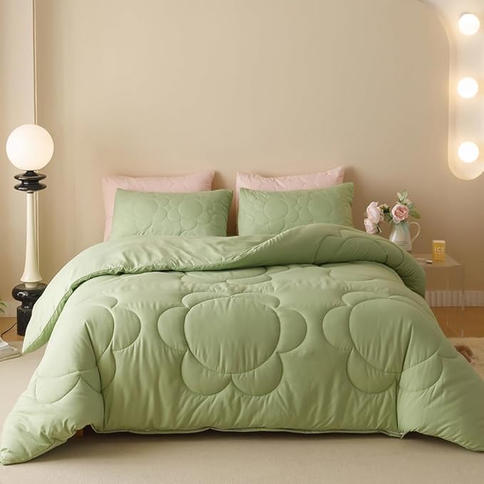 CLOTHKNOW Green Twin/Twin XL Comforter Set 3Pcs Daisy Puff Bedding Comforter Sets Boho Floral Bedding Sets Soft Green Bed Comforter Sets Twin