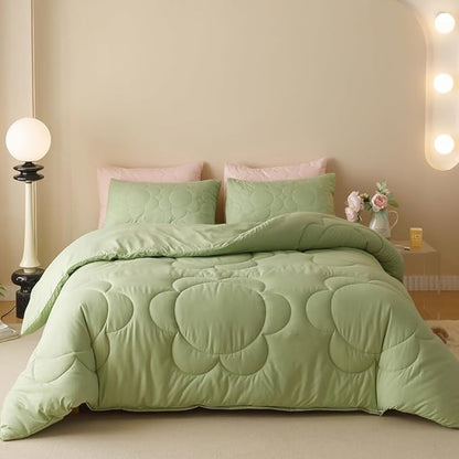 CLOTHKNOW Green Twin/Twin XL Comforter Set 3Pcs Daisy Puff Bedding Comforter Sets Boho Floral Bedding Sets Soft Green Bed Comforter Sets Twin