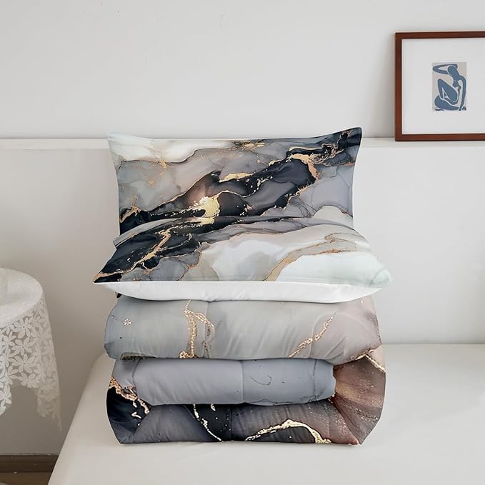 Erosebridal Black Marble Bedding Set Twin,Black and Grey Marble Comforter Set Men Teens Boys Modern Gray Orange Abstract Art Tie Dye Down Comforter Kids Gothic White Gold Marble Duvet Insert Soft