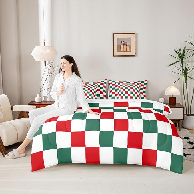 Feelyou Checkered Christmas Comforter Set with Sheets 7 Piece King Size Red Green Plaid Bedding Set for Kids Boys Girls Geometric Vintage Bed in a Bag Modern Simple Groovy Aesthetic Room Decor Soft