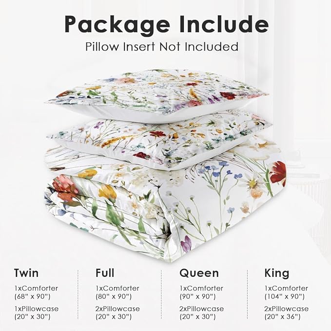 Queen Size Comforter Set with 2 Pillowcases, Wildflower Flower Floral 3 Pcs Bedding for Kids and Adults, Boho Watercolor Butterfly Soft Comforter Set for Bedroom Bed Decor