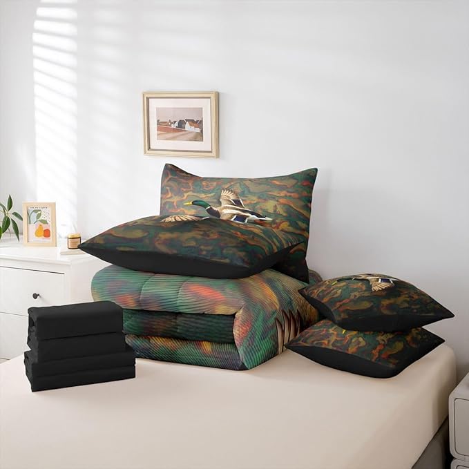 Erosebridal Mallard Duck Full Size Bed Sheets and Comforter Set | Duck Camo 7-Piece Bedding Set Mens Country Bed in a Bag, Farmhouse Woodland Animals Bed Sets,Abstract Camouflage Cabin Hunting Decor