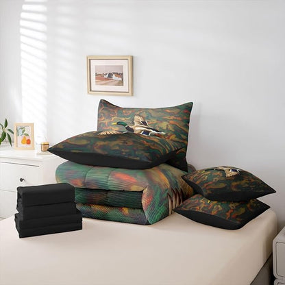 Erosebridal Mallard Duck Full Size Bed Sheets and Comforter Set | Duck Camo 7-Piece Bedding Set Mens Country Bed in a Bag, Farmhouse Woodland Animals Bed Sets,Abstract Camouflage Cabin Hunting Decor