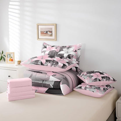 Feelyou Girls Lily Flower Comforter Set with Sheets Queen Size 7 Pieces Kids Butterfly Floral Bedding Set for Boys Women Teens Pink Black Simple Modern Abstract Art Bed in a Bag Room Decor
