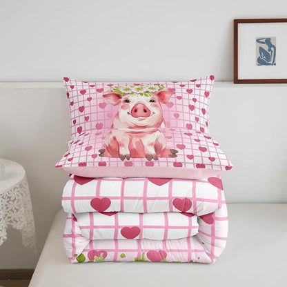 Cute Pig Bedding Set Queen, Cherry Blossoms Comforter Set For Girls Kids, Cartoon Pet Animal Duvet Set, Pink Grid Heart Pattern Lattice Quilted Duvet, Farmhouse Bedding Comforters, All Season