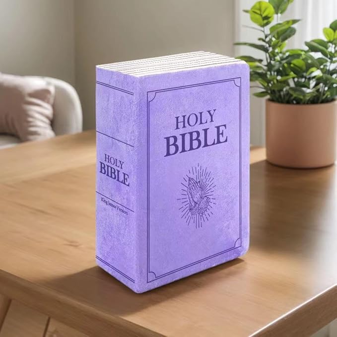 The Holy Bible Pillow Plush- Book Shape, Openable, Cozy Faith Bible Pillow Christian Bible Verse Pillow (Purple)