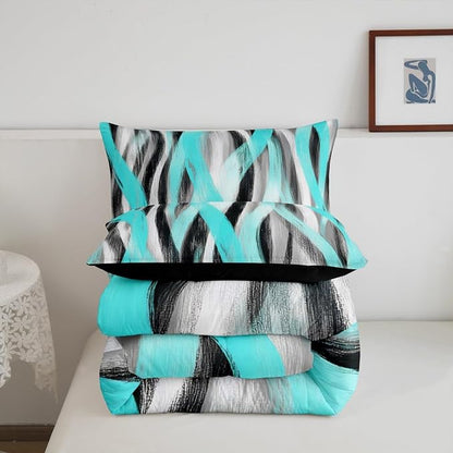 Erosebridal Geometric Turquoise Comforter King Modern Abstract Comforter Set Black Grey Teal Bedding Set for Kids Boys Girls Swirl Stripes Quilt Duvet Room Decor 3 Pcs