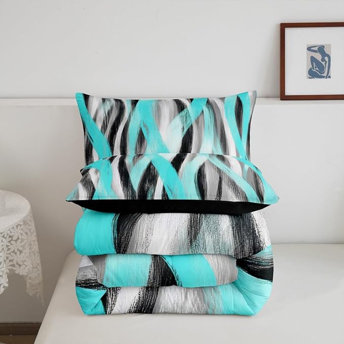 Erosebridal Geometric Turquoise Comforter Twin Modern Abstract Comforter Set Black Grey Teal Bedding Set for Kids Boys Girls Swirl Stripes Quilt Duvet Room Decor 2 Pcs
