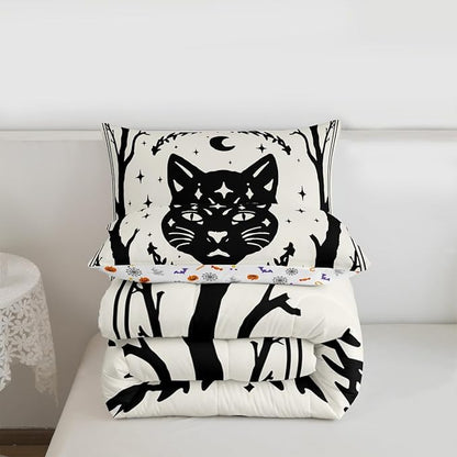 Erosebridal Gothic Cat Comforter Set Toddler, Halloween Cat Decor Bedding Set for Kids Boys Teens Men Gothic Bedroom Decor, Goth Comforter, Sun and Moon Quilt, 2 Piece with 1 Pillowcase