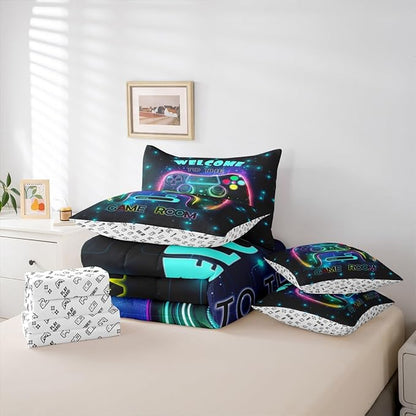 jejeloiu Cool Gamer 7 Piece Bedding Set King Size for Boys 3D Gaming Comforter Set with Sheets Kids Teens Bright Color Bed in a Bag Modern Game Console Bed Set