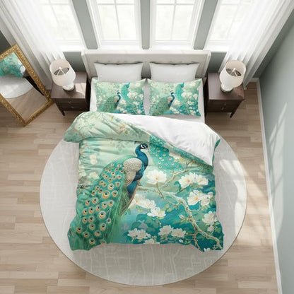 Oriental Peacock Comforter Set King Size, Green Bird Floral Soft Bedding Set with 2 Pillowcases, Great Bedroom Decor/104 * 90