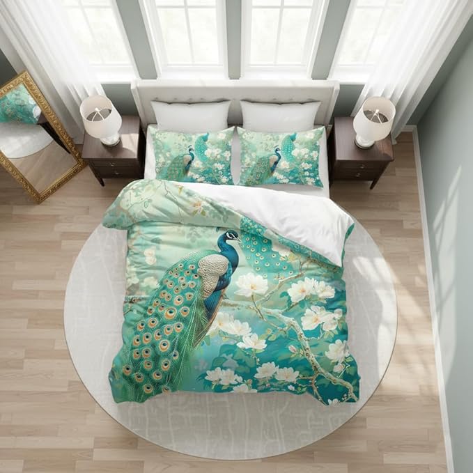 Oriental Peacock Comforter Set Full Size, Green Bird Floral Bedding Set, 3 Pieces Asian Bedroom Decor with 2 Pillowcases/79 * 90