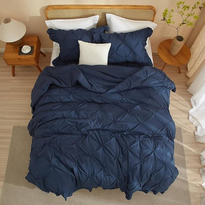 AMWAN Dark Blue Ruffled Pintuck Comforter Set Queen Size, Microfiber Pinch Pleated Comforter Set Vintage Shabby Chic Bedding, 3 Piece Brushed Comforter Set, 1 Ruffled Comforter with 2 Pillowcases