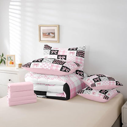 Feelyou Black Pink Bow Comforter Set with Sheets 7 Piece Twin Size Princess Bow Bedding Set for Kids Boys Girls Cute Bowknot Bed in a Bag Kawaii Room Decor Soft Lightweight Microfiber